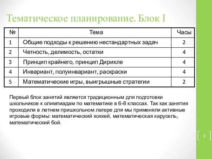 Тематическое планирование. Блок I Первый блок занятий является традиционным для подготовки