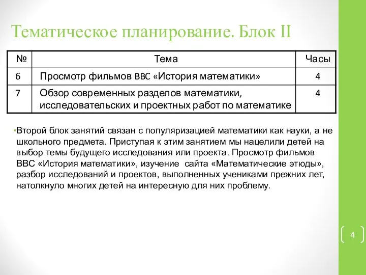 Тематическое планирование. Блок II Второй блок занятий связан с популяризацией математики