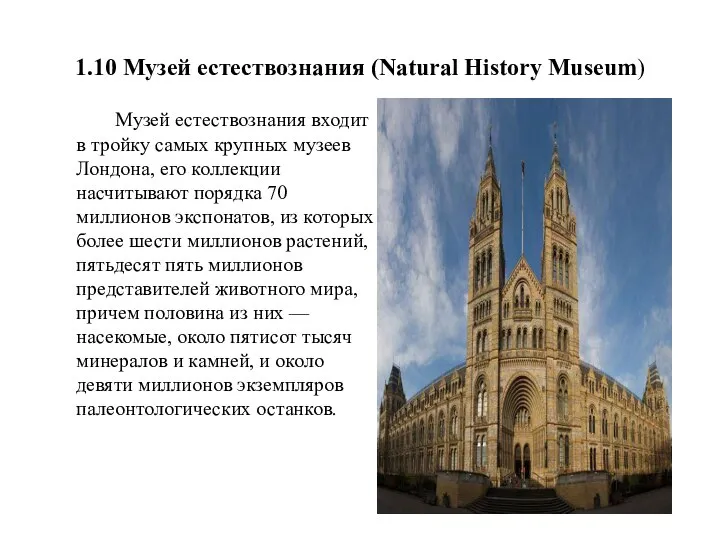 1.10 Музей естествознания (Natural History Museum) Музей естествознания входит в тройку