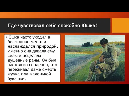 Где чувствовал себя спокойно Юшка? Юшка часто уходил в безлюдное место