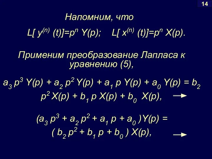 14 Напомним, что L[ y(n) (t)]=pn Y(p); L[ x(n) (t)]=pn X(p).