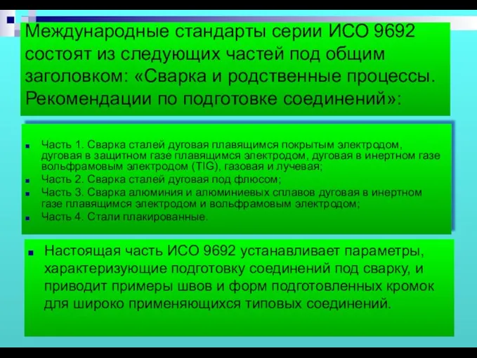 Международные стандарты серии ИСО 9692 состоят из следующих частей под общим