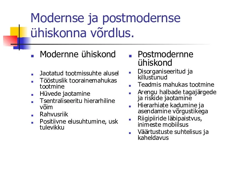 Modernse ja postmodernse ühiskonna võrdlus. Modernne ühiskond Jaotatud tootmissuhte alusel Tööstuslik