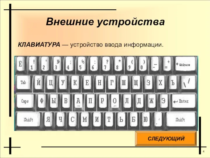 Внешние устройства КЛАВИАТУРА — устройство ввода информации. СЛЕДУЮЩИЙ