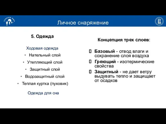 Личное снаряжение 5. Одежда Ходовая одежда Нательный слой Утепляющий слой Защитный