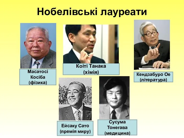 Нобелівські лауреати Ейсаку Сато (премія миру) Кендзабуро Ое (література) Сусума Тонегава