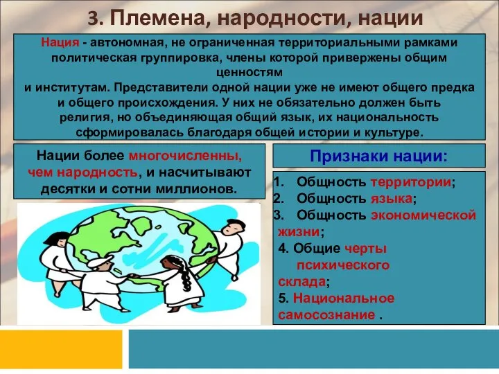 3. Племена, народности, нации Нация - автономная, не ограниченная территориальными рамками