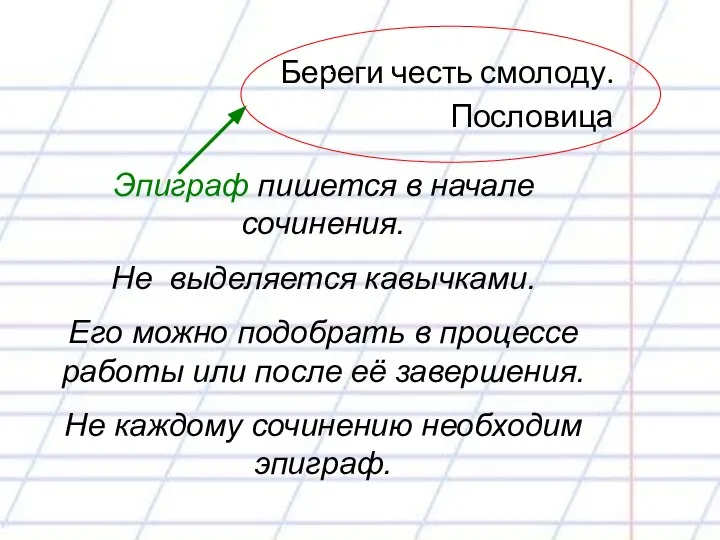 : Береги честь смолоду. Пословица Эпиграф пишется в начале сочинения. Не