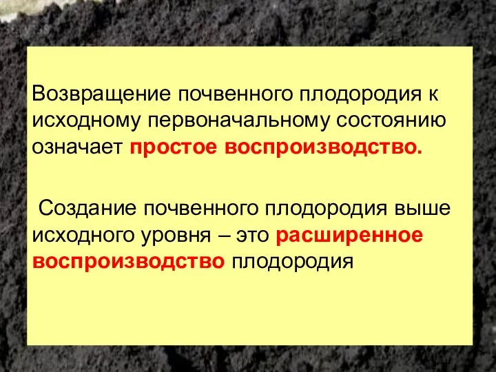 Возвращение почвенного плодородия к исходному первоначальному состоянию означает простое воспроизводство. Создание