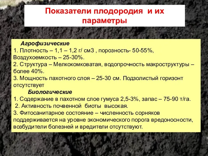 Агрофизические 1. Плотность – 1,1 – 1,2 г/ см3 , порозность-