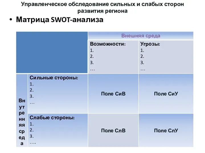 Управленческое обследование сильных и слабых сторон развития региона Матрица SWOT-анализа