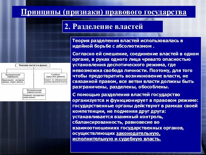 Принципы (признаки) правового государства 2. Разделение властей Теория разделения властей использовалась