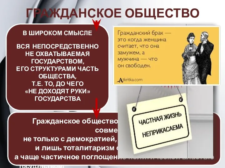 ГРАЖДАНСКОЕ ОБЩЕСТВО В ШИРОКОМ СМЫСЛЕ ВСЯ НЕПОСРЕДСТВЕННО НЕ ОХВАТЫВАЕМАЯ ГОСУДАРСТВОМ, ЕГО