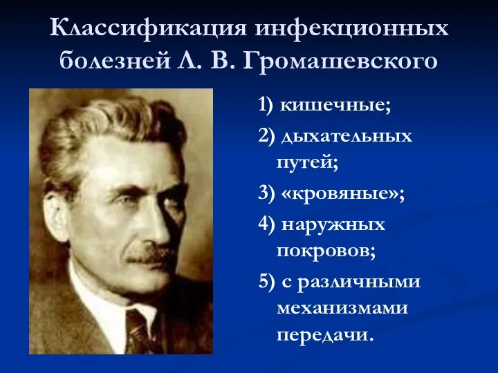 Классификация инфекционных болезней Л. В. Громашевского 1) кишечные; 2) дыхательных путей;