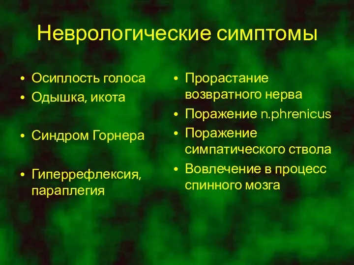 Неврологические симптомы Осиплость голоса Одышка, икота Синдром Горнера Гиперрефлексия, параплегия Прорастание