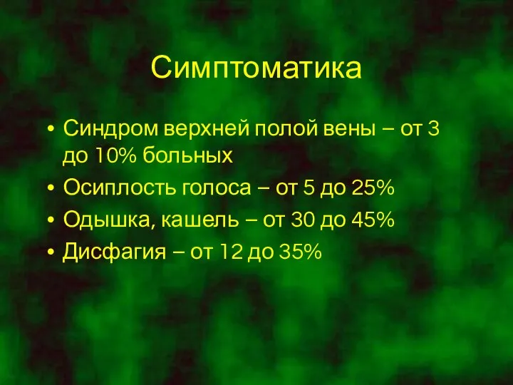 Симптоматика Синдром верхней полой вены – от 3 до 10% больных