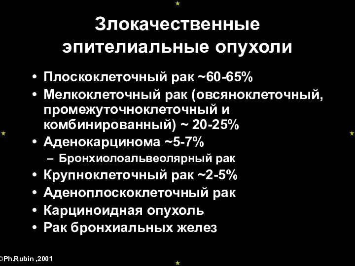 Злокачественные эпителиальные опухоли Плоскоклеточный рак ~60-65% Мелкоклеточный рак (овсяноклеточный, промежуточноклеточный и