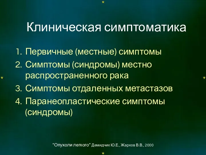 Клиническая симптоматика Первичные (местные) симптомы Симптомы (синдромы) местно распространенного рака Симптомы