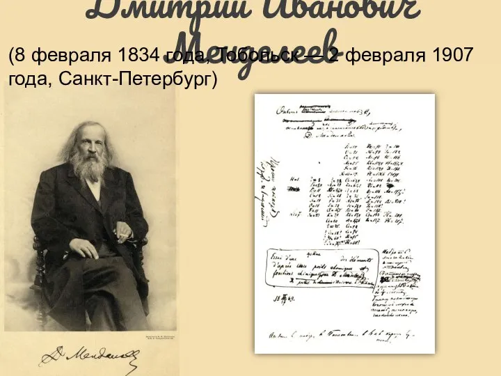 Дмитрий Иванович Менделеев (8 февраля 1834 года, Тобольск — 2 февраля 1907 года, Санкт-Петербург)