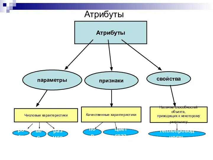 Атрибуты параметры признаки свойства Числовые характеристики Качественные характеристики Наличие способностей объекта,