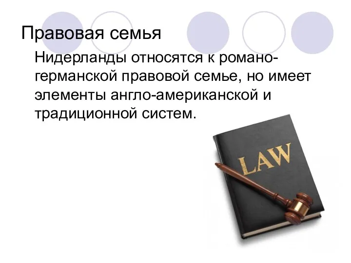 Правовая семья Нидерланды относятся к романо-германской правовой семье, но имеет элементы англо-американской и традиционной систем.