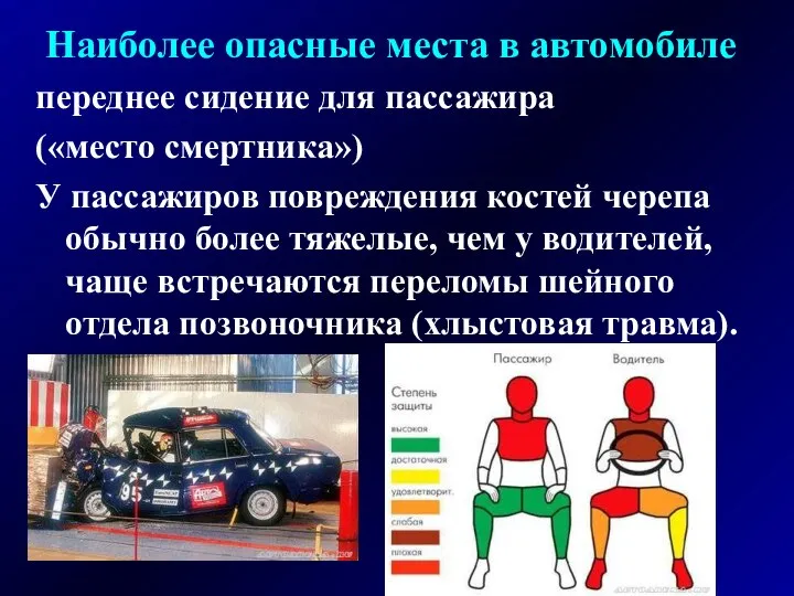 Наиболее опасные места в автомобиле переднее сидение для пассажира («место смертника»)