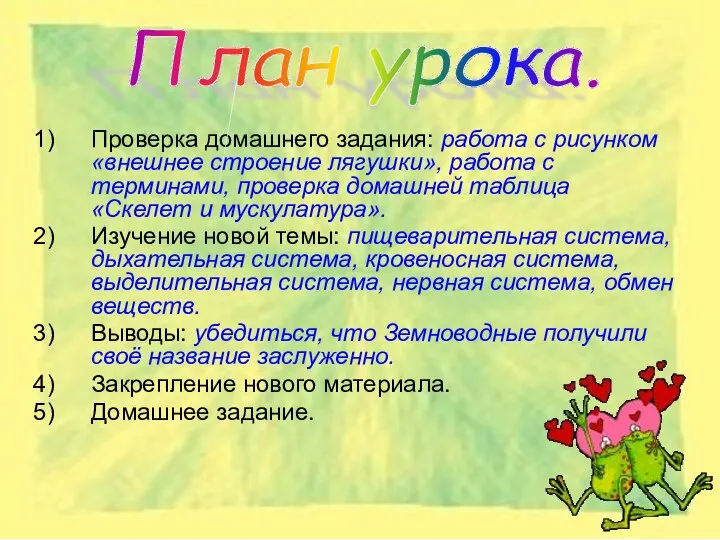 Проверка домашнего задания: работа с рисунком «внешнее строение лягушки», работа с