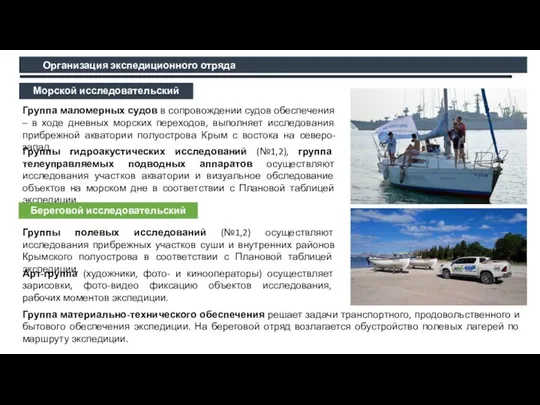 Организация экспедиционного отряда Морской исследовательский отряд: Группа маломерных судов в сопровождении