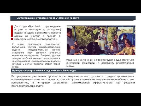 Организация конкурсного отбора участников проекта Распределение участников проекта по исследовательским группам