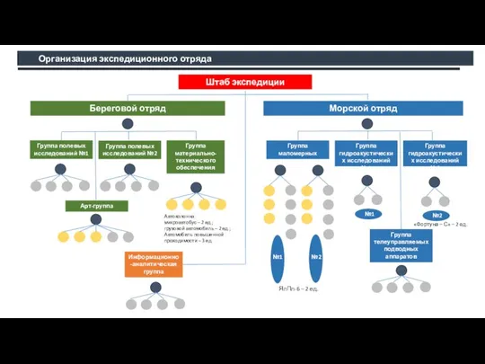 Штаб экспедиции Береговой отряд Морской отряд Группа маломерных плавсредств Группа гидроакустических