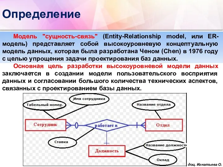 Определение Модель "сущность-связь" (Entity-Relationship model, или ER-модель) представляет собой высокоуровневую концептуальную