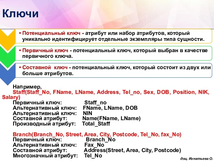 Ключи Например, Staff(Staff_No, FName, LName, Address, Tel_no, Sex, DOB, Position, NIK,