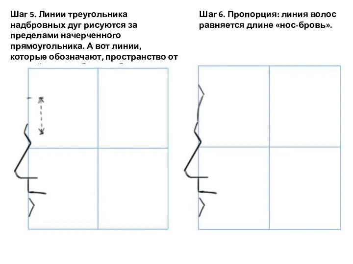 Шаг 5. Линии треугольника надбровных дуг рисуются за пределами начерченного прямоугольника.