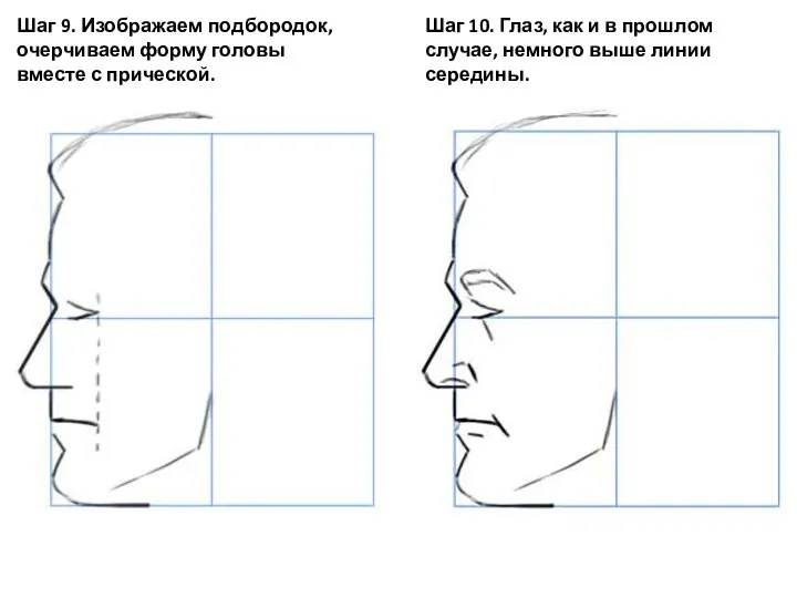 Шаг 9. Изображаем подбородок, очерчиваем форму головы вместе с прической. Шаг