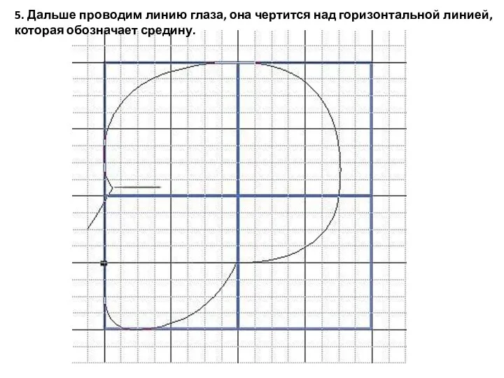 5. Дальше проводим линию глаза, она чертится над горизонтальной линией, которая обозначает средину.