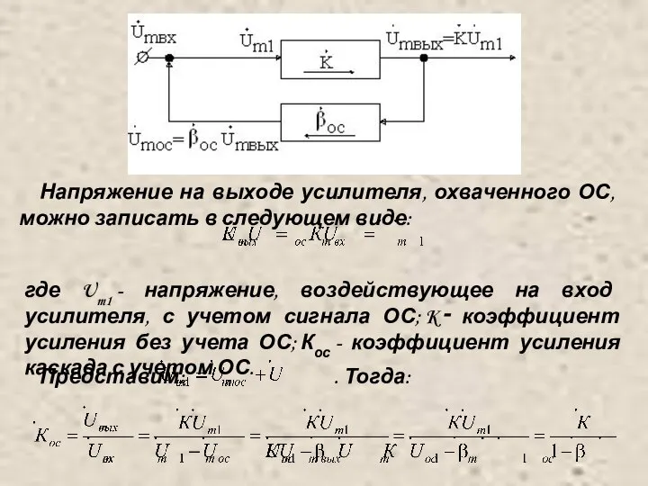 Напряжение на выходе усилителя, охваченного ОС, можно записать в следующем виде: