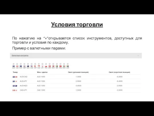 По нажатию на “+”открывается список инструментов, доступных для торговли и условия