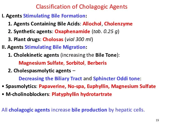 Classification of Cholagogic Agents I. Agents Stimulating Bile Formation: 1. Agents