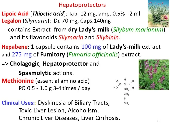 Hepatoprotectors Lipoic Acid [Thioctic acid]: Tab. 12 mg, amp. 0.5% -