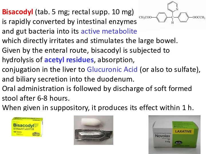 Bisacodyl (tab. 5 mg; rectal supp. 10 mg) is rapidly converted