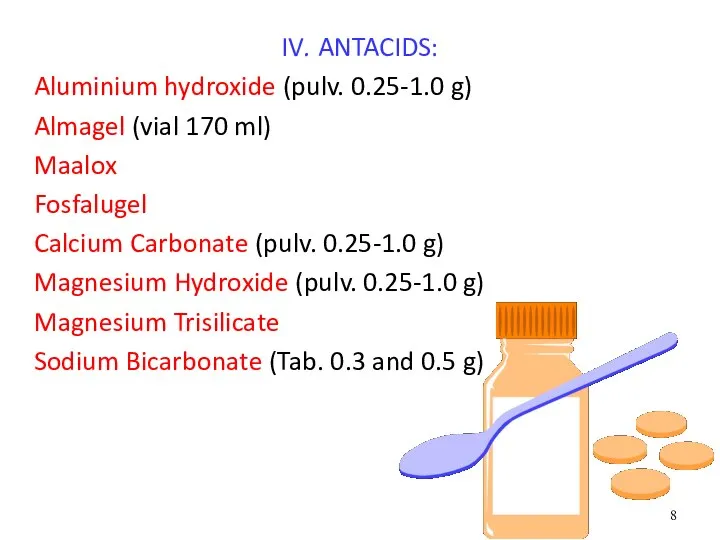 IV. ANTACIDS: Aluminium hydroxide (pulv. 0.25-1.0 g) Almagel (vial 170 ml)