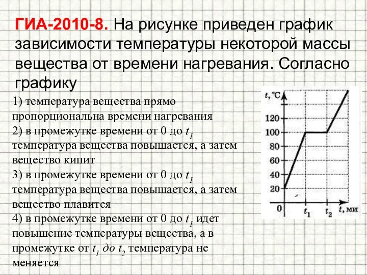 1) температура вещества прямо пропорциональна времени нагревания 2) в промежутке времени