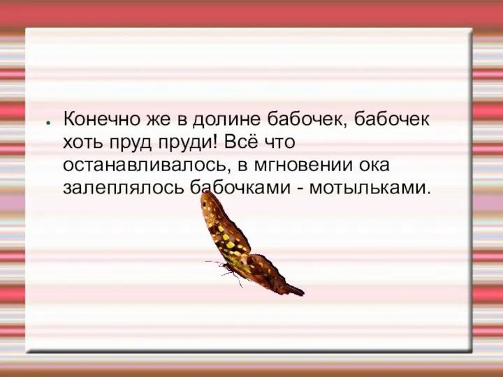 Конечно же в долине бабочек, бабочек хоть пруд пруди! Всё что