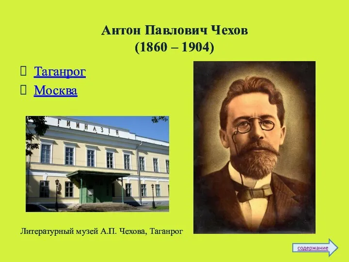 Антон Павлович Чехов (1860 – 1904) Таганрог Москва Литературный музей А.П. Чехова, Таганрог