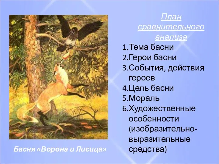 План сравнительного анализа Тема басни Герои басни События, действия героев Цель