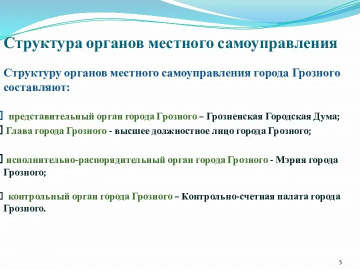 Структура органов местного самоуправления Структуру органов местного самоуправления города Грозного составляют: