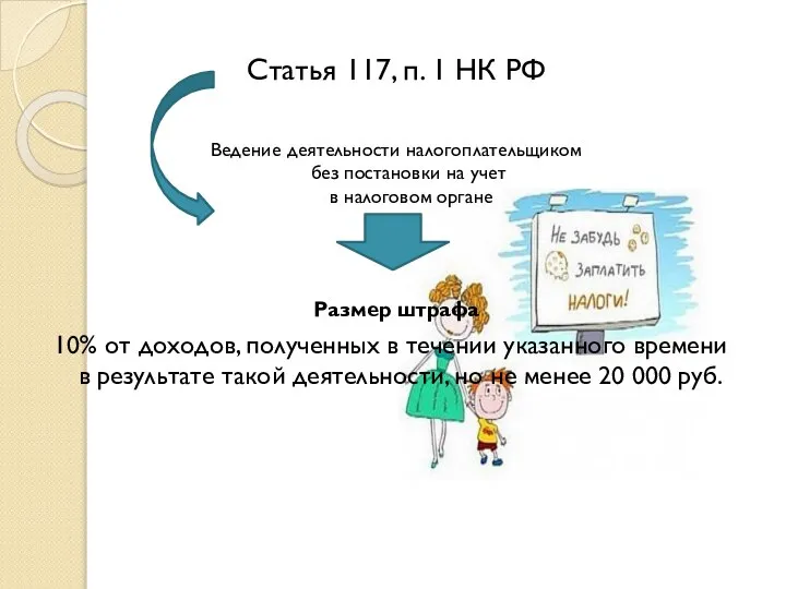 Статья 117, п. 1 НК РФ Ведение деятельности налогоплательщиком без постановки