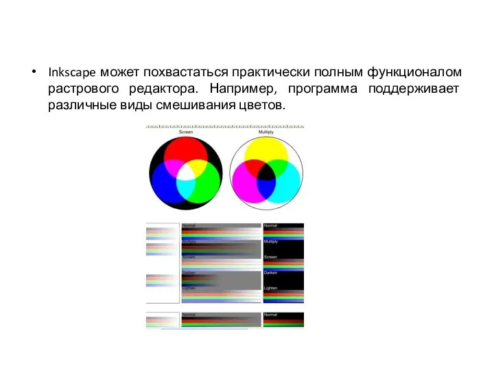 Inkscape может похвастаться практически полным функционалом растрового редактора. Например, программа поддерживает различные виды смешивания цветов.