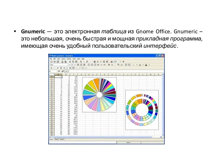 Gnumeric — это электронная таблица из Gnome Office. Gnumeric – это