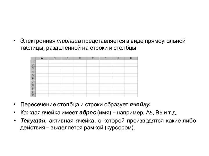 Электронная таблица представляется в виде прямоугольной таблицы, разделенной на строки и